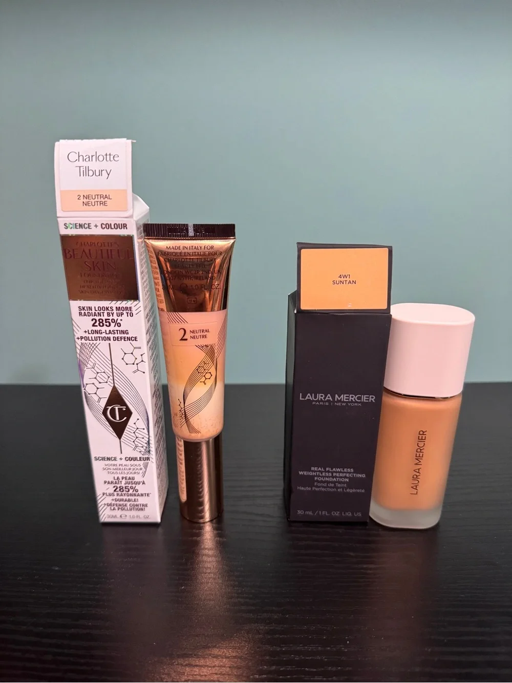 Charlotte Tilbury & Laura Mercier Foundation Duo in 2 Neutral & 4W1 Suntan